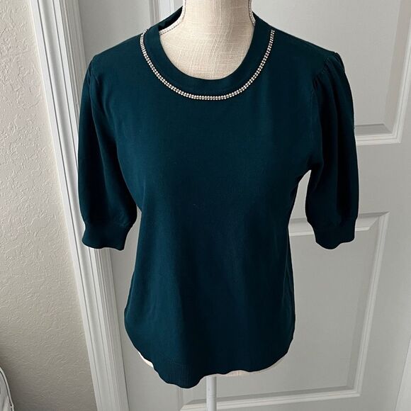 H Halston Heritage Deep Teal Knit with Embellished Neckline Short Sleeve NWOT - Picture 4 of 11